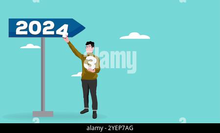 Mann setzt die Nummer 4 auf 2024, um das neue Jahr zu feiern, Happy New Year 2024 Flat Design Stock Vektor