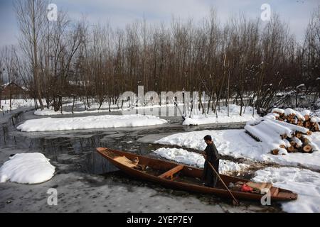 In Srinagar, der Sommerhauptstadt des indischen Kaschmirs, fällt am 4. Januar 2019 starker Schnee. Der starke Schnee begann am Nachmittag in Srinagar und innerhalb einer halben Stunde war die Stadt von einer weißen Schneedecke bedeckt, die das normale Leben störte und es schwierig machte, sich in verschiedenen Teilen der Stadt zu bewegen. Der starke Schneefall betraf auch mehrere Ebenen und hügelige Gebiete des Kaschmir-Tals und störte den Luft- und Straßenverkehr mit der Annullierung mehrerer Flüge am Flughafen Srinagar sowie der Sperrung der Autobahn Srinagar-Jammu Stockfoto