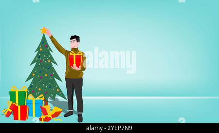 Die Leute bereiten sich auf Weihnachtsfeiern mit weihnachtsbaum flache Design-Vektor-Illustration, Familie weihnachtsfeier Cartoon, Cartoon Weihnachten vor Stock Vektor