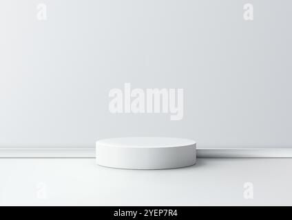 Das weiße zylindrische 3D-Podium bietet einen minimalistischen Raum für die Produktpräsentation vor einem weißen Boden und einer weißen Wand. Moderne Mockups, Showrooms und elegant Stock Vektor