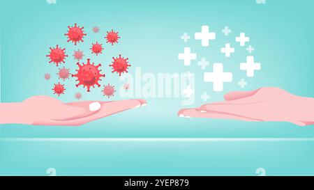 Krankheit oder Virus und Medikamente oder Behandlungsmethoden mit einem Handkonzept, das das Virus trägt und mit einer Hand antwortete, die das Arzneimittel trägt Stock Vektor