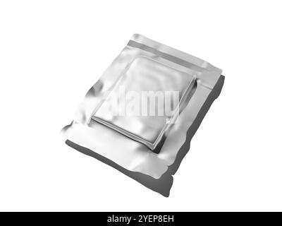 3D-Rendering von flachen Aluminium-Vakuumbeutel-Verpackungsmodellen Stockfoto