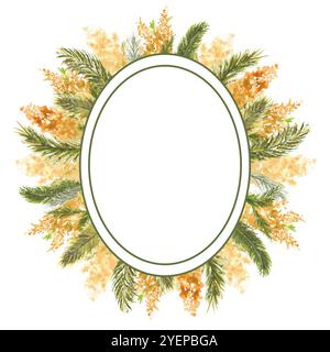 Geometrischer ovaler Rahmen mit Mimosa-Zweigen am äußeren Rand auf weißem, isoliertem Hintergrund. Aquarelldarstellung. Stockfoto