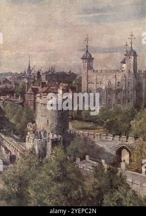 Der White Tower (Keep), mit dem Lanthorn Tower im Vordergrund, aus der Tower Bridge, Teil der Serie Tower of London, gemalt von John Fulleylove und veröffentlicht 1908 Stockfoto