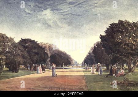 THE GREAT AVENUE, HAMPTON COURT von John Fulleylove John Fulleylove (* 18. August 1845–22. Mai 1908) war ein englischer Landschaftskünstler und Illustrator Middlesex (Abkürzung: Middx) ist ein historisches County, ein ehemaliges PostCounty und ein ehemaliges Verwaltungsbezirk in Südostengland. Stockfoto