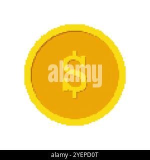 Dollar Pixel Art Gold Münze Symbol. Digitales Währungszeichen. Goldenes Münzsymbol für digitale Finanzen in der Welt. 8-Bit-Videospiel-Konzept. Isolierter Vektor Stock Vektor
