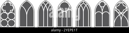 Gotische Kirchenfenster. Kathedrale und Schloss Glasbögen mit Vintage-Muster. Vektormittelalterliche Rahmen Silhouetten alter europäischer Architektur Stock Vektor