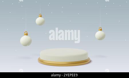 3. Winterferienpodium mit Weihnachtsschmuck und Schnee. Horizontaler minimaler Produkthintergrund mit dreidimensionalem Zylinder, leerem Tisch und hängendem Tisch Stock Vektor