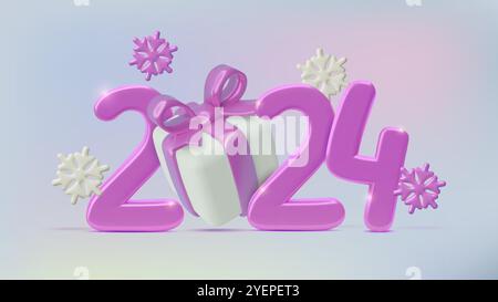Neujahr 2024 3D realistische lila metallische Zahlen mit Geschenkbox und Schneeflocken auf verlaufendem Hintergrund. Moderne dreidimensionale Feiertagsbanner, VEC Stock Vektor