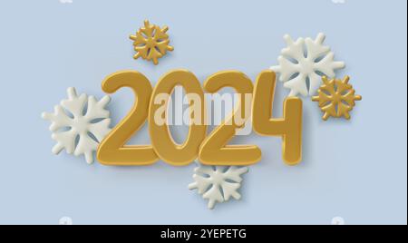 3D-Zahlen zum Neujahr 2024 und Schneeflocken. Festliches Bannerdesign für den Winterurlaub mit dreidimensionalen, realistischen weißen und goldenen Elementen auf Hellblau Stock Vektor