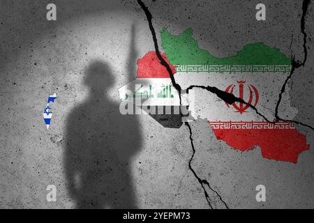 Flaggen von Israel, Irak und Iran, gemalt auf einer Betonmauer mit Soldatenschatten Stockfoto