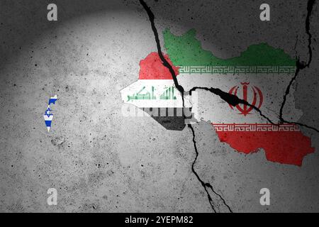 Die Flaggen Israels, des Irak und des Iran sind auf eine Betonwand gemalt Stockfoto