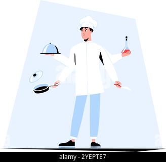 Multi Armed Chef Hält Kochwerkzeuge In Der Flachen Vektor-Illustration, Die Multitasking, Kulinarische Kunst Und Professionelles Kochen Symbolisiert, Isoliert Auf Stock Vektor