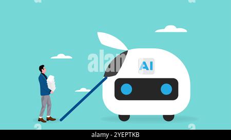 Arbeiten Sie mit Illustration künstlicher Intelligenz mit dem Konzept eines Geschäftsmannes, der viel Papier für einen KI-Roboter trägt Stock Vektor