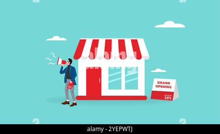 Illustration der großen Eröffnung mit dem Konzept eines Unternehmers, der ein neues Geschäft eröffnet und gleichzeitig sein Geschäft fördert, öffnet das Geschäft an einem neuen Standort Stock Vektor
