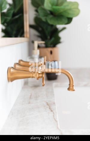 Waschbecken Mit Goldenem Wasserhahn Und Waschraum Stockfoto