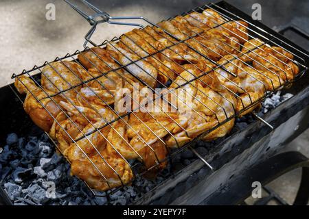 BBQ Picknick Zeit geröstete Hähnchenschenkel und Flügel auf dem Grill. Grillfleisch auf Grillgitter im Freien leckeres Hühnersteak mit Rauchflammen, saftigem Fleisch Stockfoto