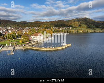 Luftaufnahme auf den Bodensee mit der Gemeinde Bodman-Ludwigshafen mit herbstlicher Vegetation und dem Yachthafen an der Seepromenade mit dem Alten Stockfoto