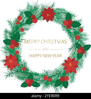 Festliche Fichte runde Krone mit Beeren und Blumen. Frohe Weihnachten und frohes neues Jahr. Traditioneller Rundkranz mit Grüßen. Herzlichen Glückwunsch Stock Vektor