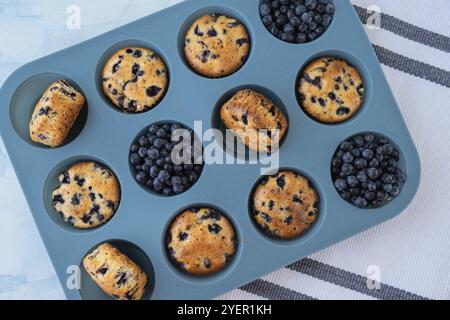 Beerenkuchen in Silikon-Muffindose. Gesunde vegane Cupcakes mit Bio-Beeren. Frisch gebackene Heidelbeermuffins. Leckerer süßer Cupcake. Hausgemachtes Gebäck Stockfoto