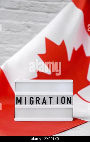 Die Nationalflagge von Kanada. Lightbox mit TEXTMIGRATION Canadian Flag oder The Maple Leaf. Patriotismus. Konzept der internationalen Beziehungen. Unabhängigkeit d Stockfoto