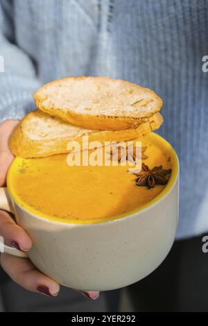 Frau mit hausgemachter Karotten-Ingwer-Curcuma-Suppe. Saisonale Kürbis traditionelle Suppe mit cremiger, seidiger Textur. Gesunde vegane, saubere Ernährung. Zurück Stockfoto