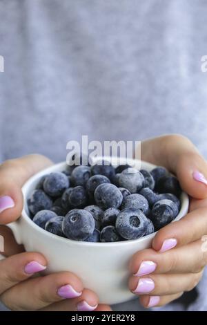 Frau hält eine Schüssel mit gefrorenen Heidelbeerfrüchten. Erntekonzept. Weibliche Hände sammeln Beeren. Gesunde Ernährung Konzept. Auffüllen von Beeren für Stockfoto