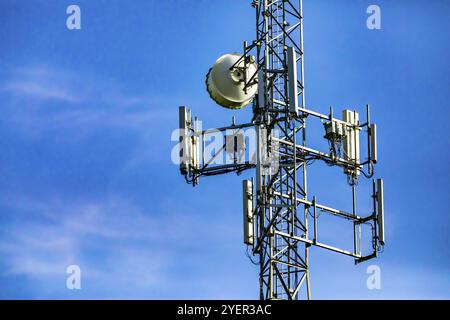 Eine Nahaufnahme auf der elektronischen Komponenten, die eine Zelle website Tower, mit mehreren Antennen und Remote Radio Head machen, RRH, auf einem stählernen Pylon untergebracht Stockfoto