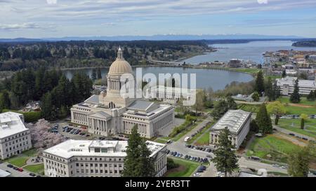 Antenne Perspektive über Frühling Kirschblüten im Staat Washington Capital Building in Olympia Stockfoto