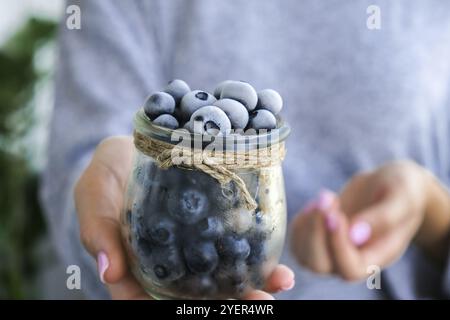 Frau hält eine Schüssel mit gefrorenen Heidelbeerfrüchten. Erntekonzept. Weibliche Hände sammeln Beeren. Gesunde Ernährung Konzept. Auffüllen von Beeren für Stockfoto