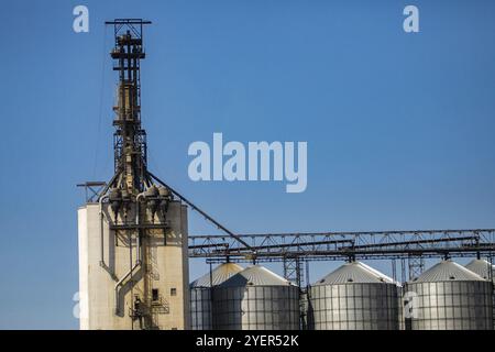 Detail einer Kornelevator zu Metall schotterhaufen Silos in einem landwirtschaftlichen Betrieb in Alberta, Kanada verbunden. Gegen einen blauen Himmel mit Kopie Raum über Stockfoto