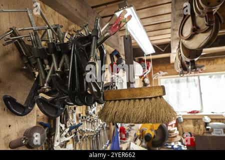 Eine Nahaufnahme der G-Klemmen, die in einer Metallwerkstatt hängen. Handliche Werkzeuge zum Zusammenklemmen von Objekten während des Schweiß- und Fixiervorgangs Stockfoto