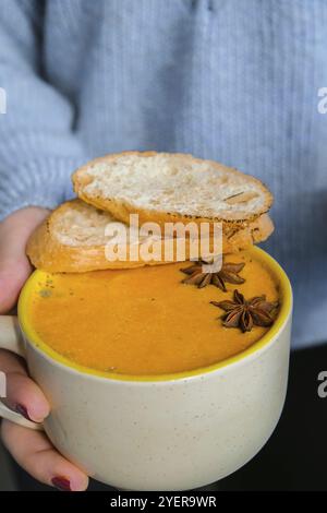 Frau mit hausgemachter Karotten-Ingwer-Curcuma-Suppe. Saisonale Kürbis traditionelle Suppe mit cremiger, seidiger Textur. Gesunde vegane, saubere Ernährung. Zurück Stockfoto