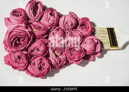 Malen Pinsel Zeichnung mit rosa Blumen auf weißem Hintergrund. Das Konzept des Frühlings und des internationalen Frauentages. Blumenmalerei und Dekoration Stockfoto