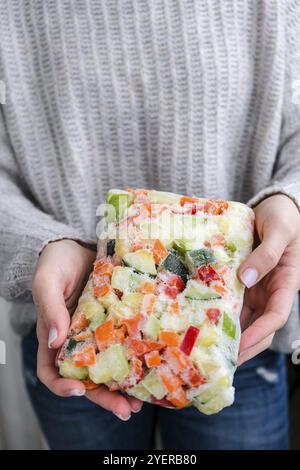 Mischgemüse Tiefkühlkost Brikett in weiblichen Händen. Vorbereitung der Ernte für den Winter. Veganismus, vegetarisch gesunde Ernährung. Eis mit Essen Stockfoto