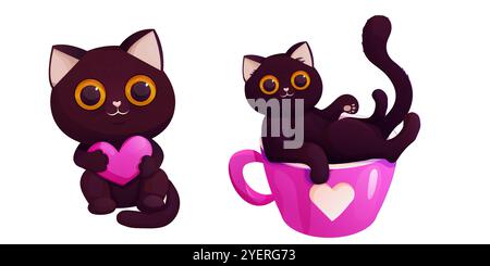 Set Schwarze lustige Katze in rosa Tasse und mit Herz, süße Zeichentrickfigur winkendes Haustier. Niedliche Liebeskarte, Kätzchen im Becher. Vektorabbildung Stock Vektor