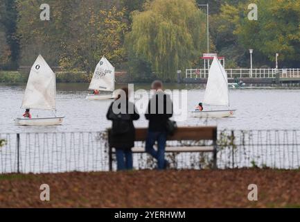 Hamburg, Deutschland. November 2024. Segelschüler sind bei bewölktem Wetter mit ihren Segelbooten auf der Außenalster. Quelle: Marcus Brandt/dpa/Alamy Live News Stockfoto