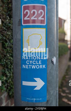 Schild des nationalen Fahrradnetzes an einem Leuchtenpfosten in England. Oktober 2024. Stockfoto