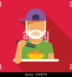 Bärtiger Mann, der eine Schüssel Nudeln mit Essstäbchen genießt und asiatische kulinarische Traditionen zeigt Stock Vektor