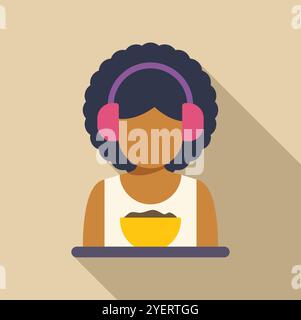 Junge Frau genießt eine Schüssel Müsli, während sie Ohrenschützer trägt, einfache Lifestyle-Illustration Stock Vektor