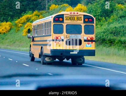 Vorbei an einem National School Bus Glossy Yellow North American Typ C Schulbus auf dem interstate Highway USA Stockfoto