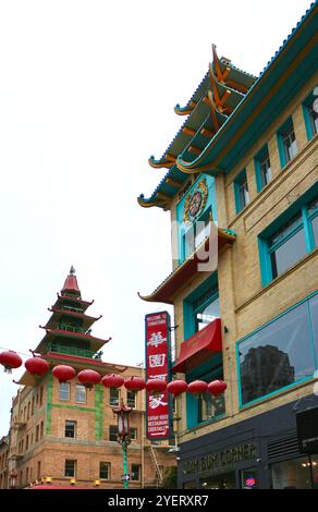 Das Trade Mark Building erbaute 1910 chinesische Architektur, früher ein Basar, und heute ist das Cathay House Restaurant in Chinatown San Francisco Kalifornien USA geschlossen Stockfoto