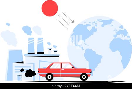 Rotes Auto, Das Abgase In Der Nähe Von Fabriken Ausstrahlt, Die Luftverschmutzung Und Globale Erwärmung In Der Flachen Vektor-Illustration Symbolisieren, Isoliert Auf Weißem Hintergrund Stock Vektor