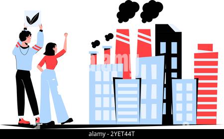 Aktivisten Protestieren Gegen Umweltschädliche Fabriken In Flachen Vektor-Illustration, Die Umweltaktivismus, Anti-Verschmutzung-Bewegungen Und Sauber Symbolisiert Stock Vektor