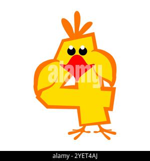 Cartoon Nummer 4 wie gelbes Huhn, Figur vier. Kalligrafie, Schriften, Typografie für Ihre Bildungskarten oder Ihr Spiel. Niedlicher Aufkleber Stock Vektor