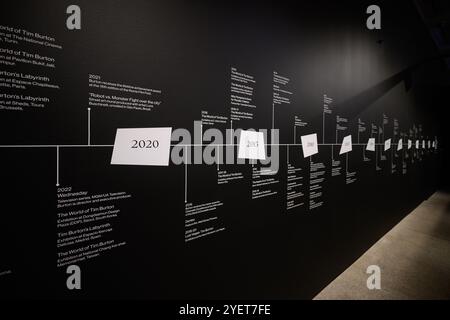 London, Großbritannien, 23. Oktober 2024, die World of Tim Burton wird vom 25. Bis 21. April 2025 im Design Museum eröffnet. Diese Ausstellung handelt von seinem bisherigen Lebenswerk. Zeigt seine Skizzen zum fertigen Produkt. Andrew Lalchan Photography/Alamy Live News Stockfoto