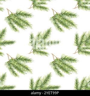 Fichtenzweige mit leuchtend grünen Nadeln in einem nahtlosen Aquarellmuster. Zedernholz, Tannenholz für saisonale Geschenkverpackungen, Stoffdrucke, Wohnkultur und Weihnachtsartikel Stockfoto