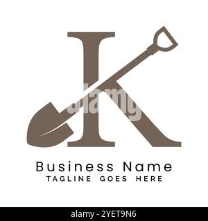 Logodesign mit Buchstabe K-Schaufel. Symbol für Aufbau des Alphabets K Stock Vektor