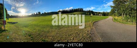 Panoramablick auf einen Golfplatz mit einem Bauernhaus gegen Wald und Himmel im Sommer 2020, in der Nähe des Dorfes Hinterzarten Stockfoto