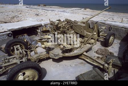 Erster Golfkrieg: 10. März 1991. Eine verlassene irakische Armee 57mm AZP S-60 Flugabwehrkanone am Anjafa Beach in Kuwait City. Stockfoto